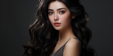 Naklejka premium Woman with long black hair wearing black shirt.