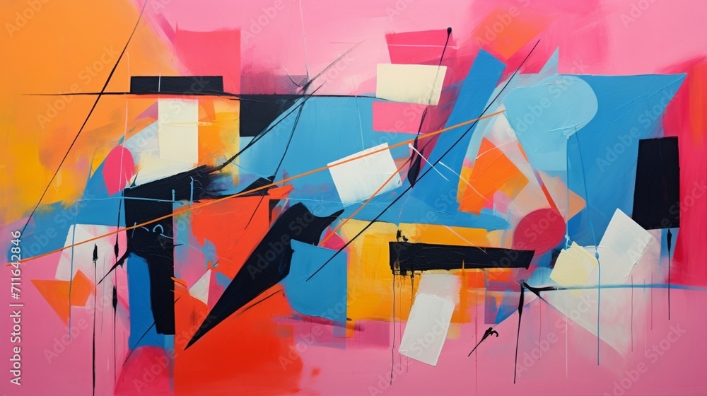 Poster a dynamic abstract art piece with vibrant colors and geometric shapes, allowing for text integration