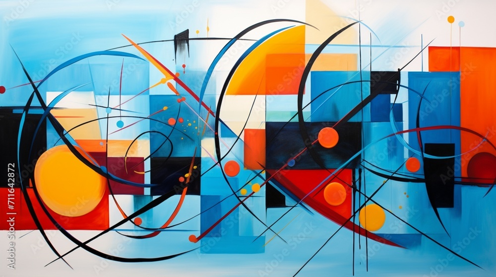 Poster a dynamic abstract art piece with vibrant colors and geometric shapes, allowing for text integration