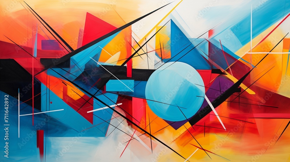 Poster a dynamic abstract art piece with vibrant colors and geometric shapes, allowing for text integration