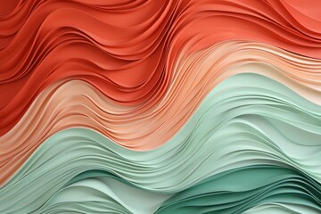 A red, green, and orange paper wallpaper, in the style of light silver and light coral, colorful curves
