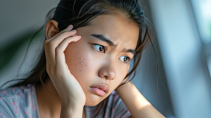 Dermatology, expression face worry asian young woman looking mirror hand touch facial at dark spot of melasma, freckles from pigment melanin, allergy sun. Beauty care, skin problem treatment, skincare