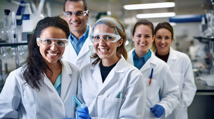 A diverse group of five scientists with safety goggles and lab coats engaged in research in a laboratory. Team of Researchers in a Scientific Laboratory