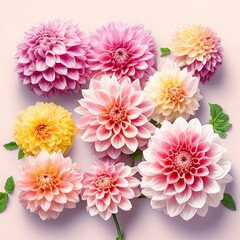 dahlia flowers on pastel background top view. Floral card for Women or Mothers day.