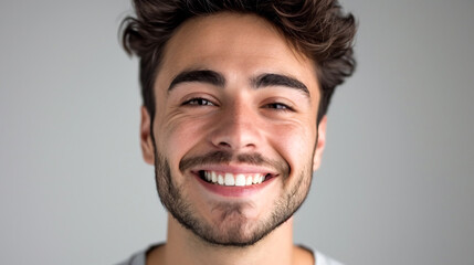 Obraz premium A young man with a beautiful smile on a gray background for teeth whitening