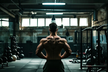 A man stands in a gym with his back to the camera. This image can be used to represent fitness, exercise and strength training