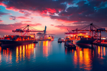 Fototapeta premium Commercial ships moored in the seaport, illuminating the ships at dawn. 