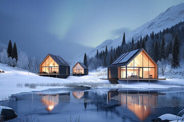 A group of three eco-houses, illuminated by soft light, surrounded by snowy mountains and a frozen lake. Starry sky and northern lights in the background.