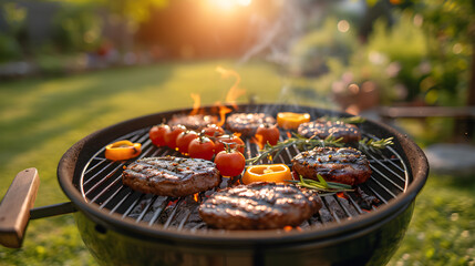 Barbecue of delicious grilled meat and grilled vegetables outdoors. Sunny day, blurred background. Space for copies. - obrazy, fototapety, plakaty