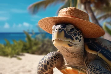 Fotobehang turtle with straw hat on the beach © Vera