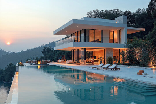 Modern and minimalist luxury house with swimming pool by the mountains