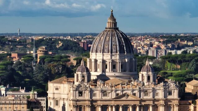 Aerial view of St. Peter's Cathedral, Rome, Italy. A beautiful cathedral in the center of the Vatican with ancient architecture is a shrine of Catholic Christians. High quality 4k footage