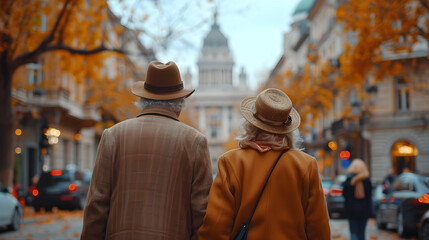Back view of a happy elderly couple traveling through a city in Europe on vacation enjoying their retirement.