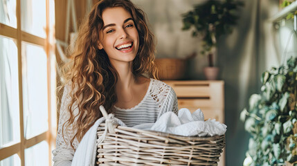 Happy woman holding laundry basket