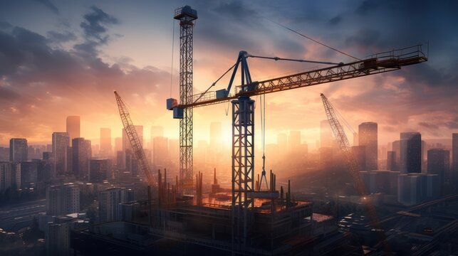 Tower crane construction site building skyscraper, work process during sunset. Cityscape scene golden light.