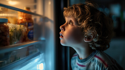 A hungry child looks into the refrigerator at night. - Powered by Adobe