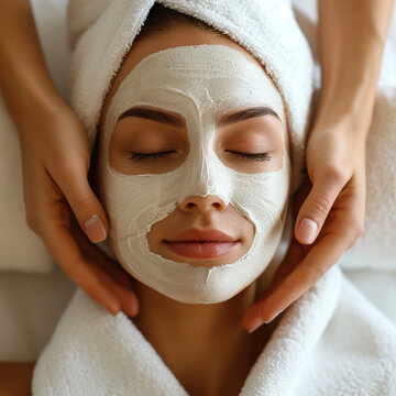 Beautiful young woman lying down having facial spa treatment
