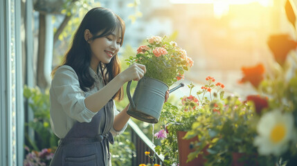 Happy Young Asian Woman housewife Watering flowers On Balcony.