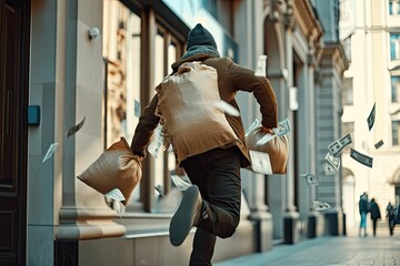 dramatic scene of a person escaping from a bank with money bags - obrazy, fototapety, plakaty