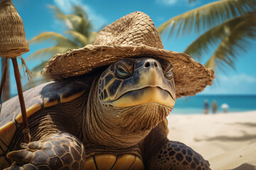 turtle with straw hat on the beach - obrazy, fototapety, plakaty
