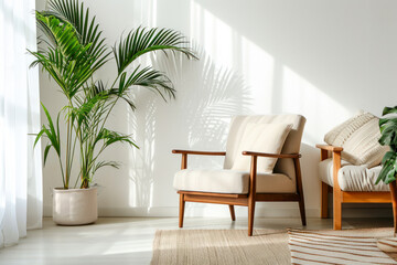 Armchair on rug next to bench with plants in white loft interior with wooden sofa.
