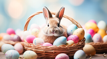 A cute fluffy Easter bunny nestles in basket, surrounded by colorful pastel-colored eggs - obrazy, fototapety, plakaty