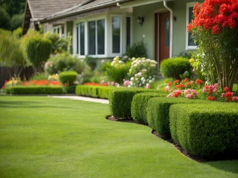 A photo of a green grass cut short front yard garden tall flowers and jasmine in the background, shallow depth of field. generative AI