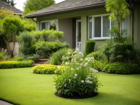 A photo of a green grass cut short front yard garden tall flowers and jasmine in the background, shallow depth of field. generative AI