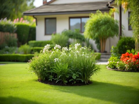 A photo of a green grass cut short front yard garden tall flowers and jasmine in the background, shallow depth of field. generative AI