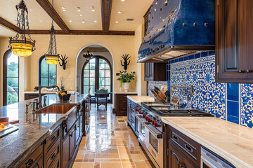 Fototapeta na wymiar Spacious Kitchen With Blue and White Tile Backsplash