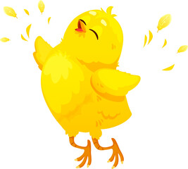 Funny chicken bird jumping from joy, cute animal