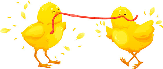 Two chicken play with worm bird cartoon characters