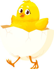 Chicken hatching from egg, funny cartoon character