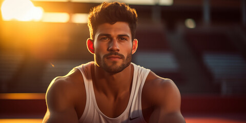 Portrait of an athlete in the city in the setting sun.