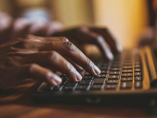 Close up of male hands typing on a computer keyboard. Blurred background