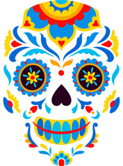Cartoon mexican calavera sugar skull, flower eyes