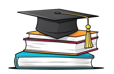 Graduation front view concept illustration. Black academical hat with tassel on stack of colorful books on white background