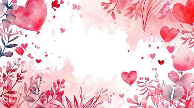 Red and pink love watercolor border with copy space, flat image concept