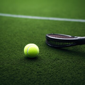 Close up of tennis equipment on the court. Sport, recreation concept. Yellow tennis balls in motion on a clay green blue court next to the white line with copy space, soft focus and net in background.