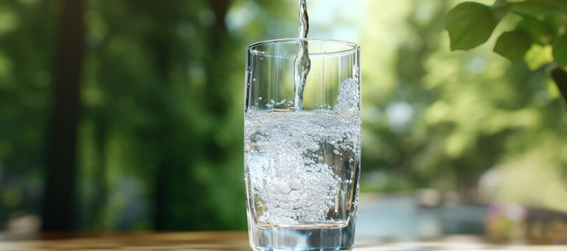 fresh clear mineral water in a glass with forest background 21