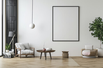Fototapeta na wymiar Living Room With White Walls and Wooden Floors, A Cozy and Minimalistic Space