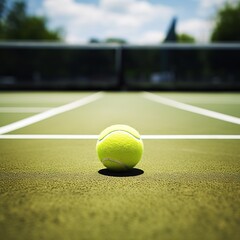 Close up of tennis equipment on the court. Sport, recreation concept. Yellow tennis balls in motion on a clay green blue court next to the white line with copy space, soft focus and net in background. - obrazy, fototapety, plakaty