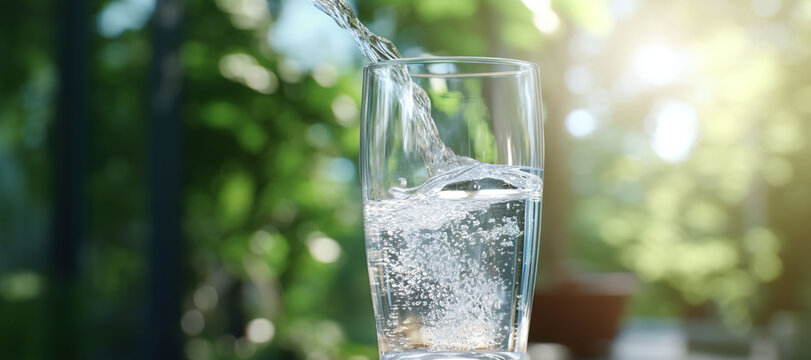 fresh clear mineral water in a glass with forest background 20