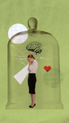 Mental health awareness. Advertisement for cognitive behavioral therapy clinic. Woman inside glass bottle with brain, chaotic lines, heart, symbolizing emotional and mental disorders. Psychology