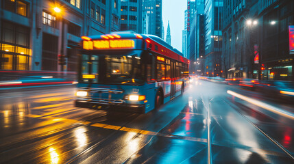Fototapeta premium Night Bus Driving Along City Street