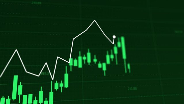 A dynamic representation of a rising stock, cryptocurrency, or forex market. The financial chart is illustrated with vivid green candlestick graphs against a sleek dark background. 