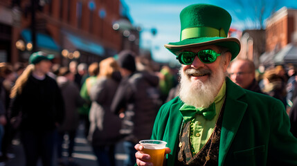older man with large beard dressed in green, grupo de personas vestidas de verde, personas celebrando el dia de san patricio - obrazy, fototapety, plakaty