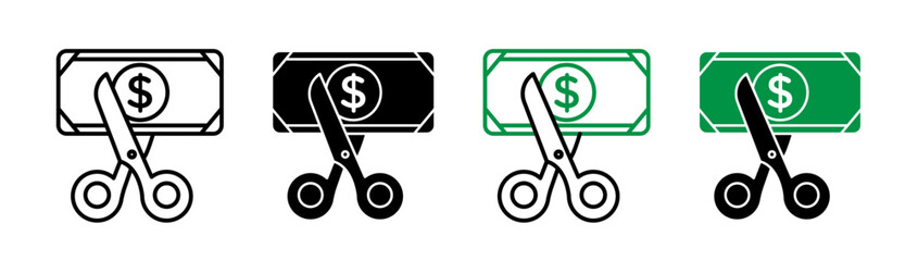 Financial Savings Line Icon. Cost reduction and budget cut icon in black and white color. - obrazy, fototapety, plakaty