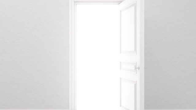 White door in a bright room. The door opens filling with bright light. Door to the universe. Room with white textured floor. Entrance or exit, way out concept. Forward movement. 3D animation, 4K