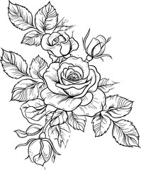 rose flowers bud leaf branch coloring vector book pattern elements 